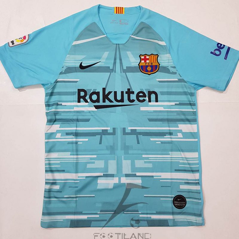 لباس دروازه بانی بارسلونا 2020 آبی کمرنگ با طرح گرافیکی یقه پیراهن گرد بصورت تیشرت آستین کوتاه